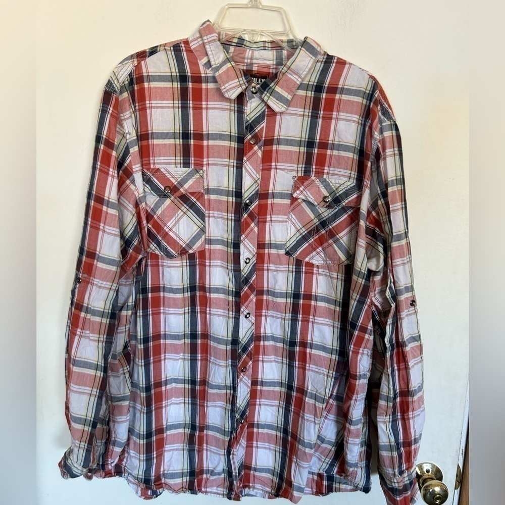 Skully XXL Mems button down plaid western/equestrian, shirt roll tab sleeves